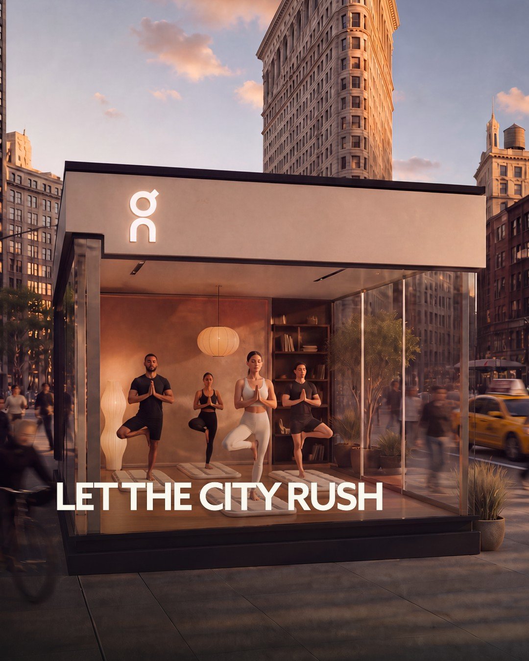On x Yoga flagship pop-up activation in front of the Flatiron Building, New York